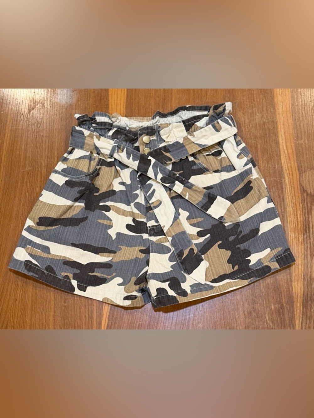 entro Camo Paperbag Waist Shorts in Khaki, Black & Gray tie belt military preppy